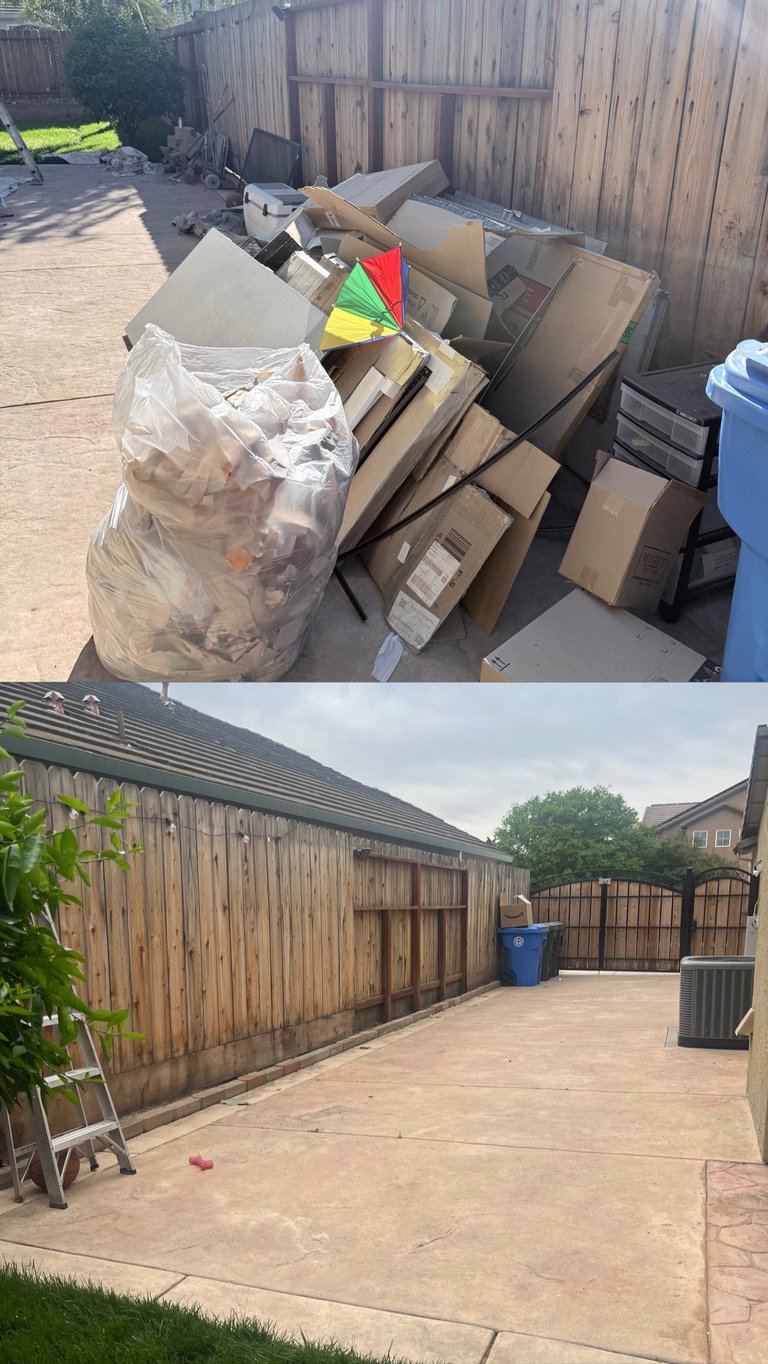 Before and after backyard cleanup: top shows cluttered patio with trash bags and cardboard boxes, bottom shows empty swept concrete patio with wooden fence