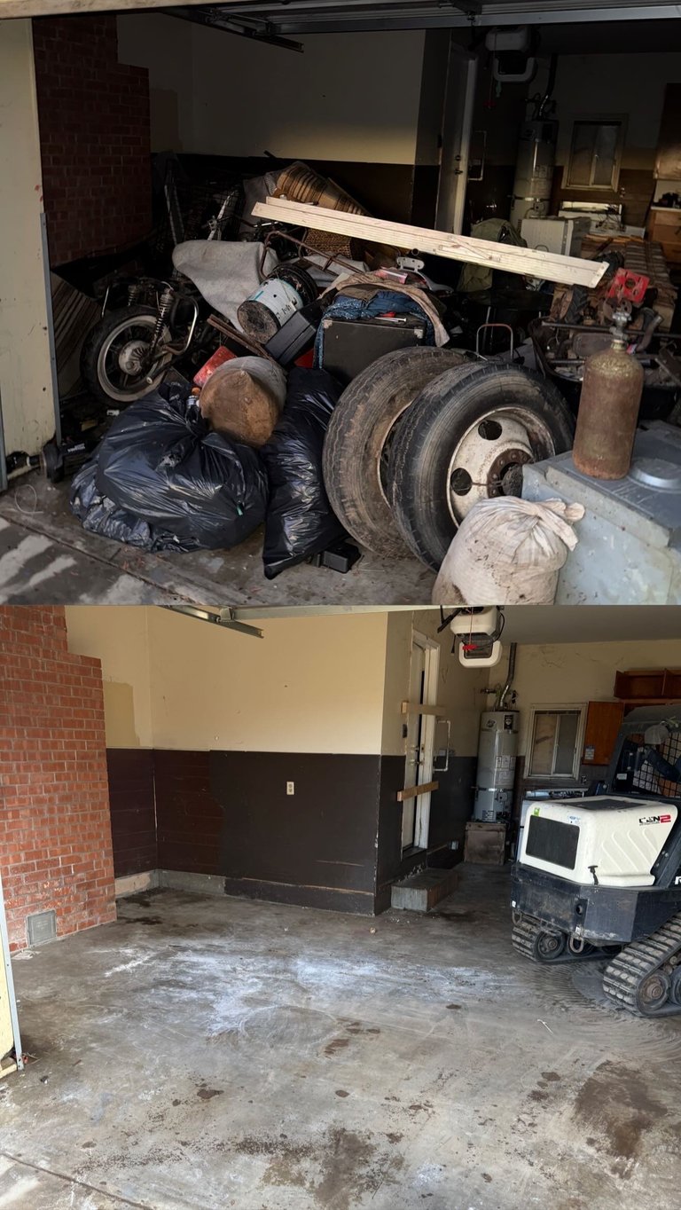 Before and after of garage cleanup showing cluttered space with motorcycle, tires, and debris transformed into empty cleaned floor