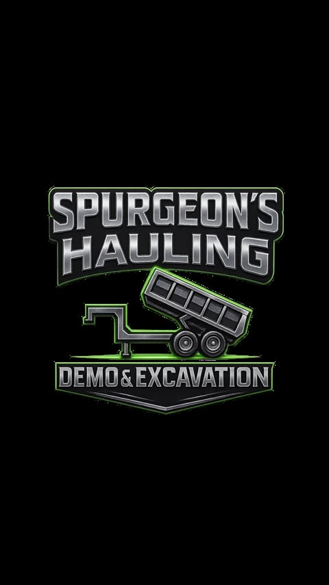 Spurgeons Hauling logo featuring a dump truck with green and gray text on black background